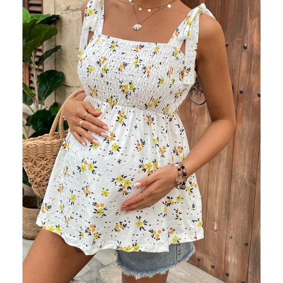 Tops - Maternity Floral Print Eyelet Smocked Tank Top